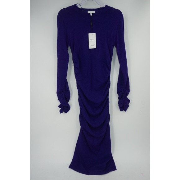 Reiss Dress Womens Medium Purple Charley Crew Knit Ruched Wool Long Sleeve Midi - Picture 2 of 6